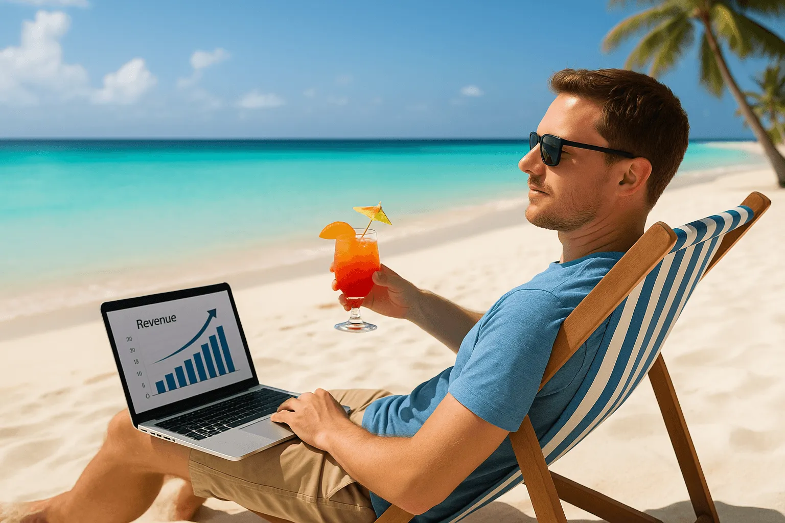 Bureau digital avec ordinateur affichant des graphiques de croissance de revenus passifs